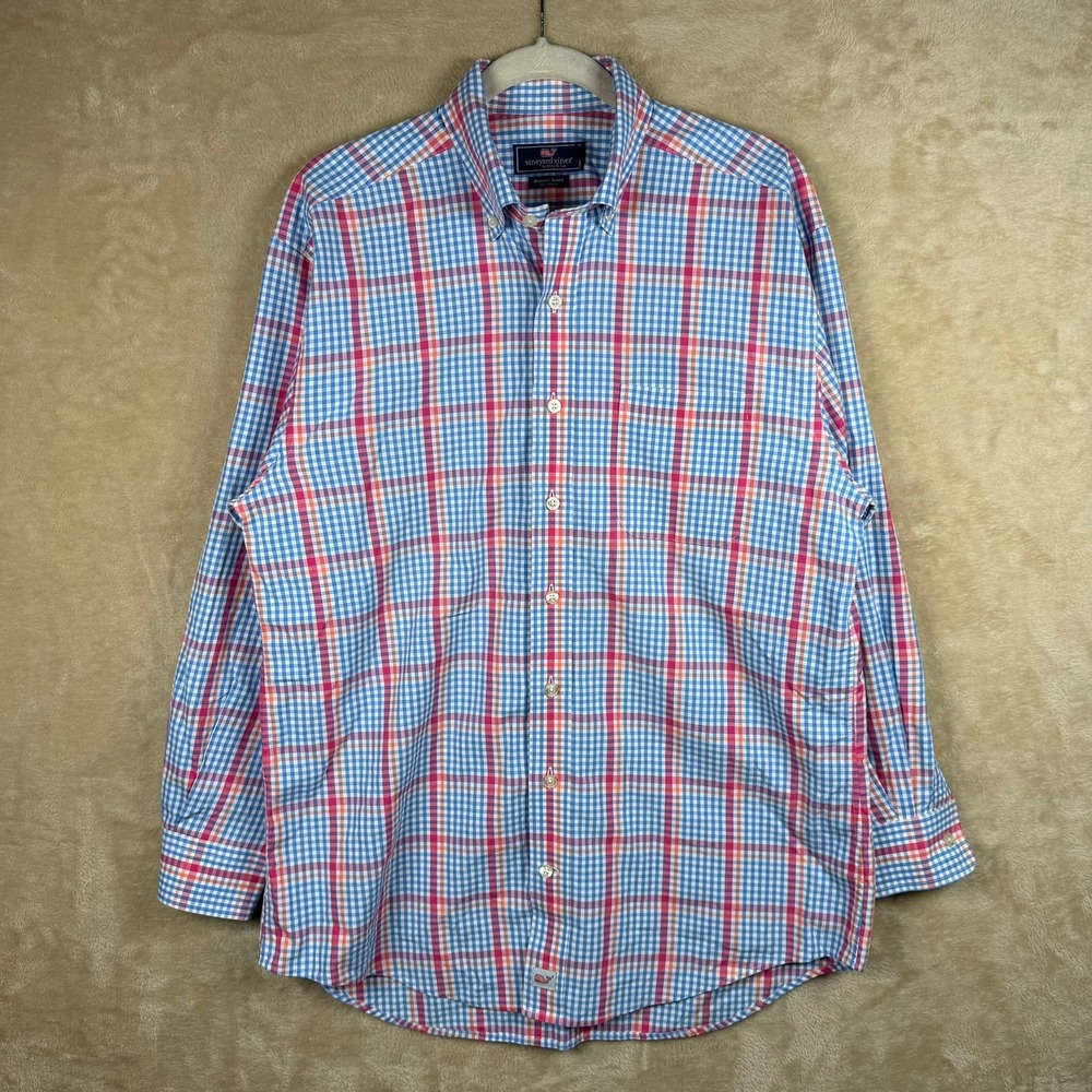 Vineyard Vines Murray‎ Shirt Mens Med Blue Pink Plaid Gingham Cotton Button Down